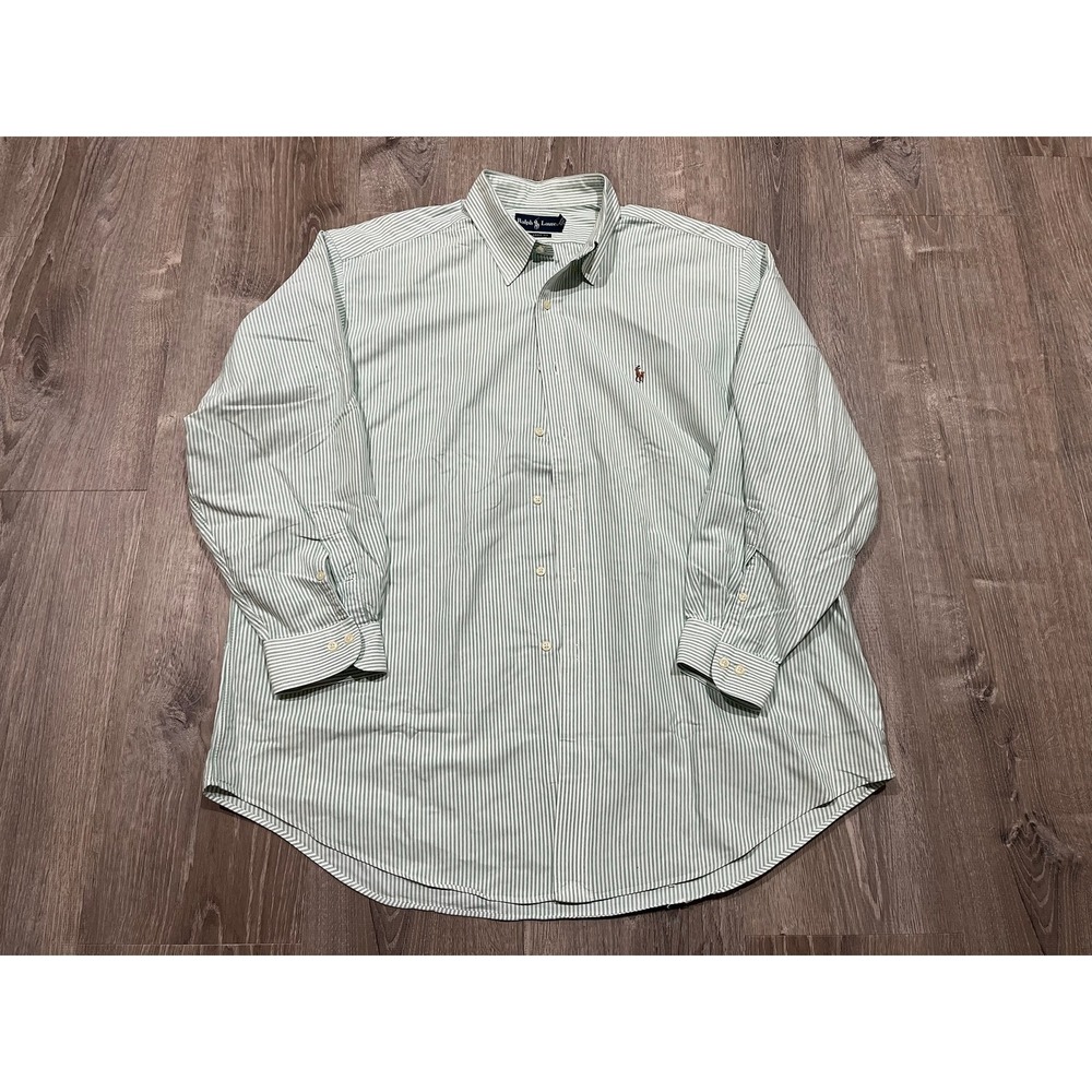 Ralph Lauren Classic Fit Shirt Mens 17.5 34/35 Green White Striped Long Sleeve